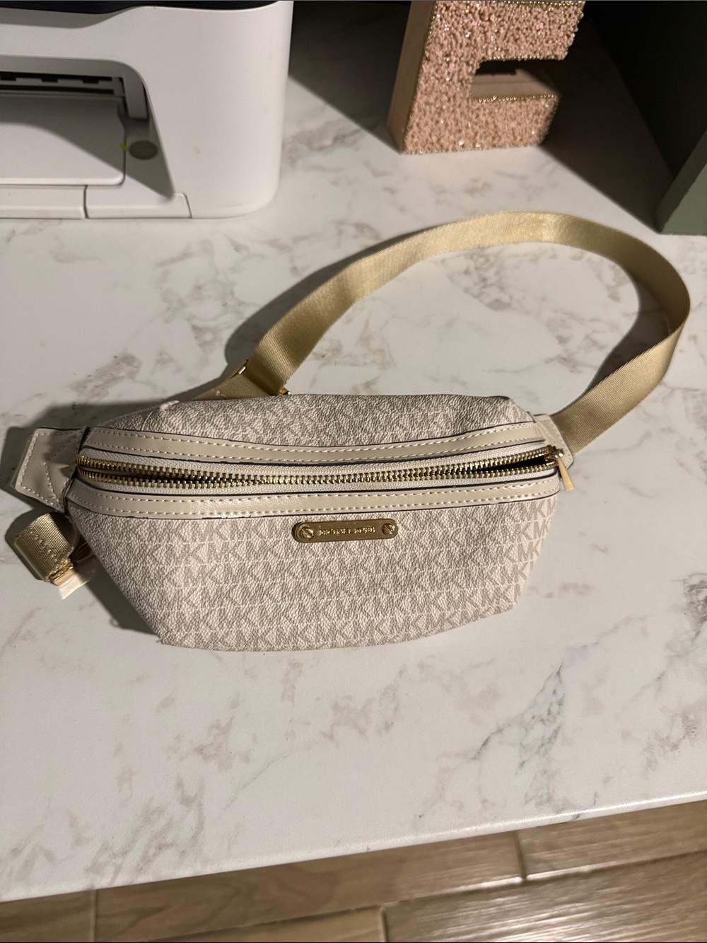 Michael Kors Cream White Logo Mini Belt Bag with Gold Hardware